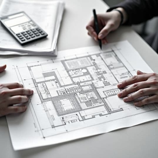 A technical drawing being reviewed on a desk