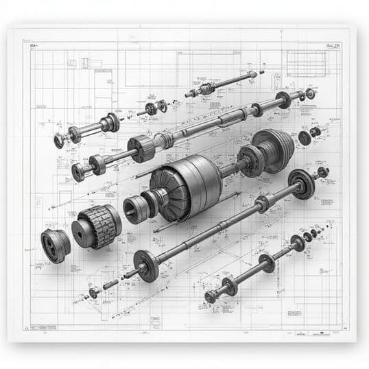 An exploded drawing of a shaft and rotor assembly