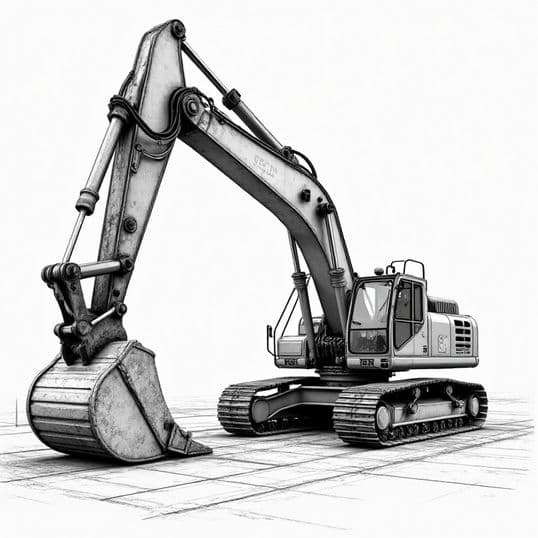 A drawing of a tracked excavator