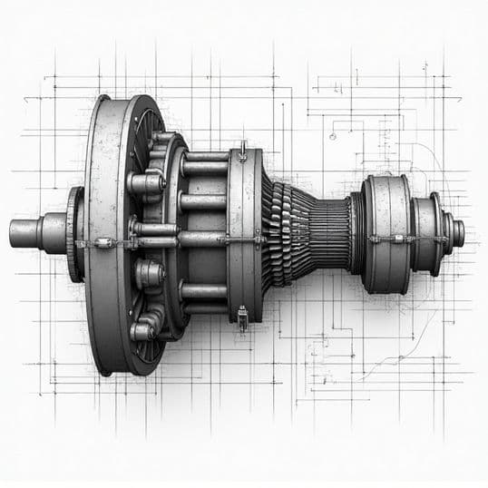 A drawing of a turbine and compressor assembly